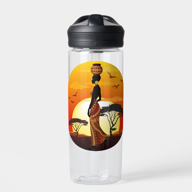 African Beautiful Woman Silhouette on African Suns Water Bottle (Front)