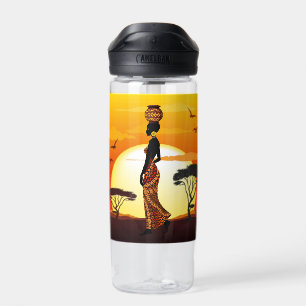 African Beautiful Woman Silhouette on African Suns Water Bottle