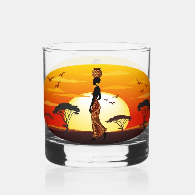 African Beautiful Woman Silhouette on African Suns Whiskey Glass (Front)