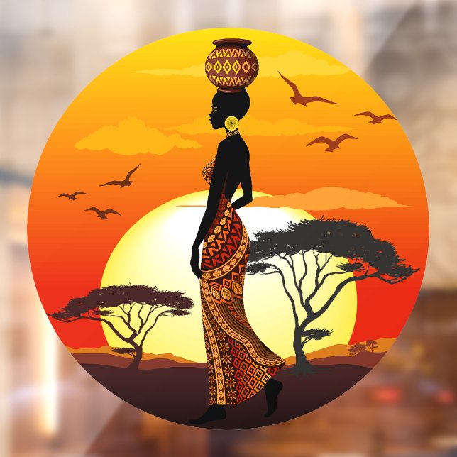 African Beautiful Woman Silhouette on African Suns Window Cling (Sheet 2)
