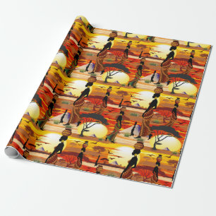 African Beautiful Woman Silhouette on African Suns Wrapping Paper