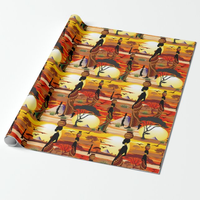 African Beautiful Woman Silhouette on African Suns Wrapping Paper (Unrolled)