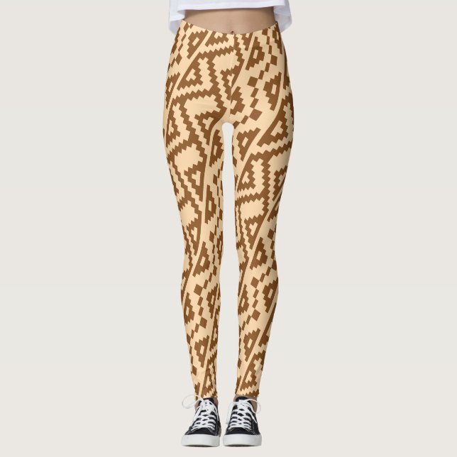 African Beige Brown Minimal Pattern Leggings (Front)