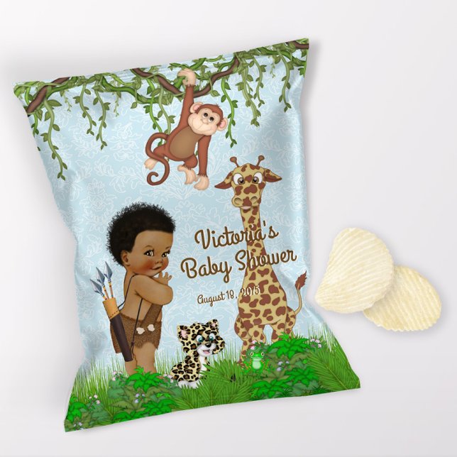 African Boy Safari Baby Shower Chip Bag Wrapper (1 ounce snack bag wrapper flyer. )