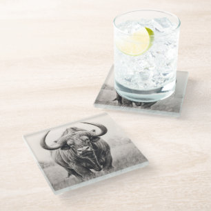 African Buffalo Pencil Drawing Glass Coaster