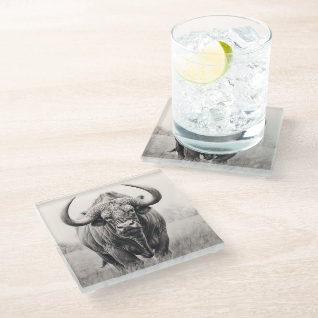 African Buffalo Pencil Drawing   Glass Coaster (Angled)
