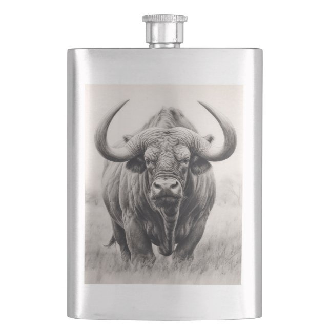 African Buffalo Pencil Drawing Hip Flask (Front)
