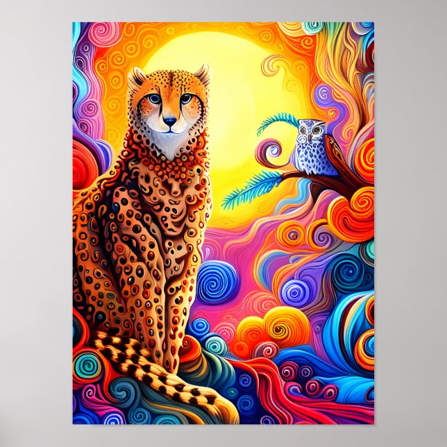 African Cheetah and Owl with Sun in Coloured Swirl Poster (Front)