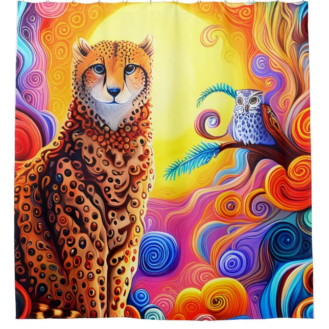 African Cheetah and Owl with Sun in Coloured Swirl Shower Curtain (Front)