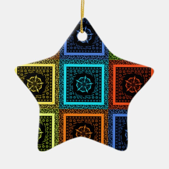 African Chequered Pattern Art Print Ceramic Tree Decoration (Front)