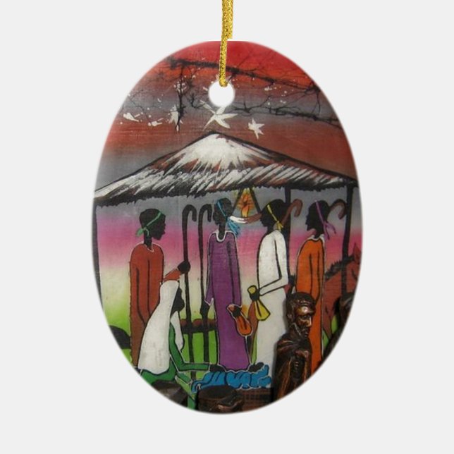 African Christmas Nativity Scene Ceramic Tree Decoration (Front)