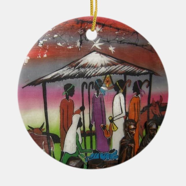 African Christmas Nativity Scene Ceramic Tree Decoration (Front)