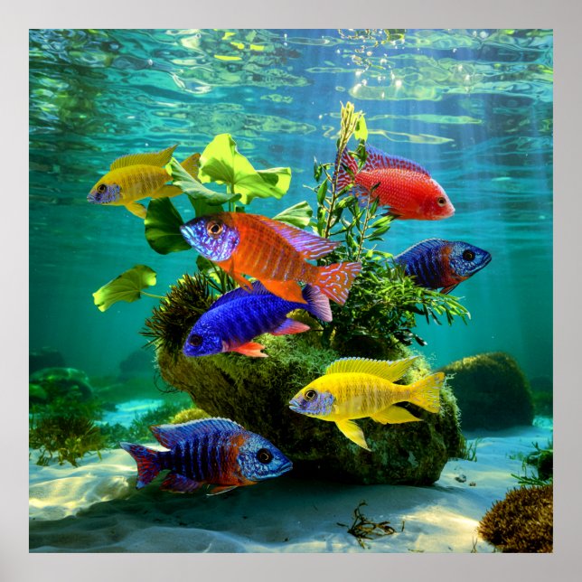 African Cichlids Peacock Cichlid Aquarium Art Poster (Front)
