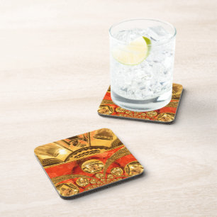 African Cultural Art Rich Golden Red Design Coaster