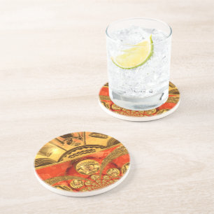 African Cultural Art Rich Golden Red Design Coaster