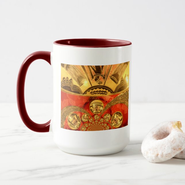 African Cultural Art Rich Golden Red Design Mug (With Donut)