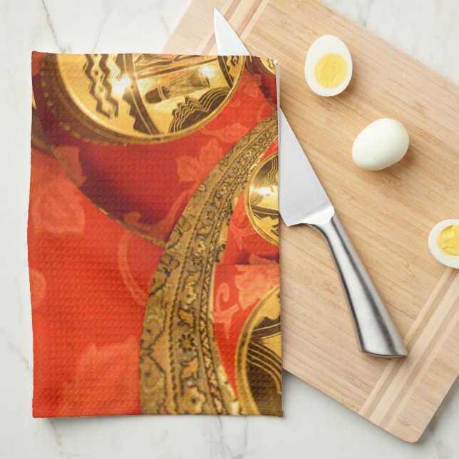 African Cultural Art Rich Golden Red Design Tea Towel (Quarter Fold)