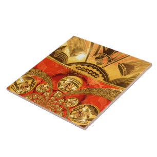 African Cultural Art Rich Golden Red Design Tile