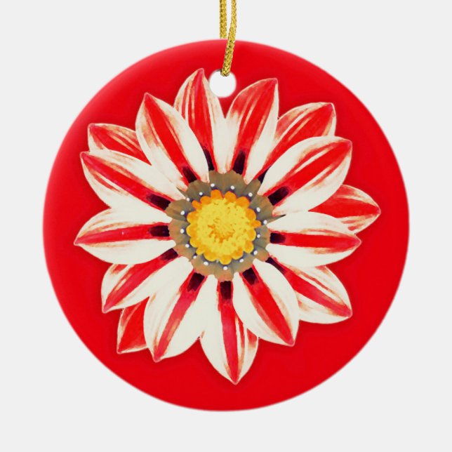 African Daisy / Gazania - Red and White Striped Ceramic Tree Decoration (Front)