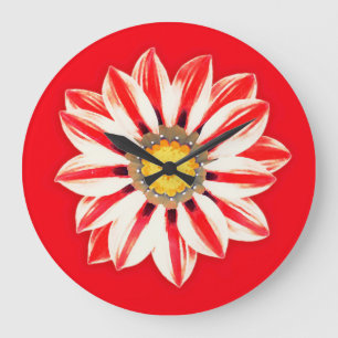 African Daisy / Gazania - Red and White Striped Large Clock