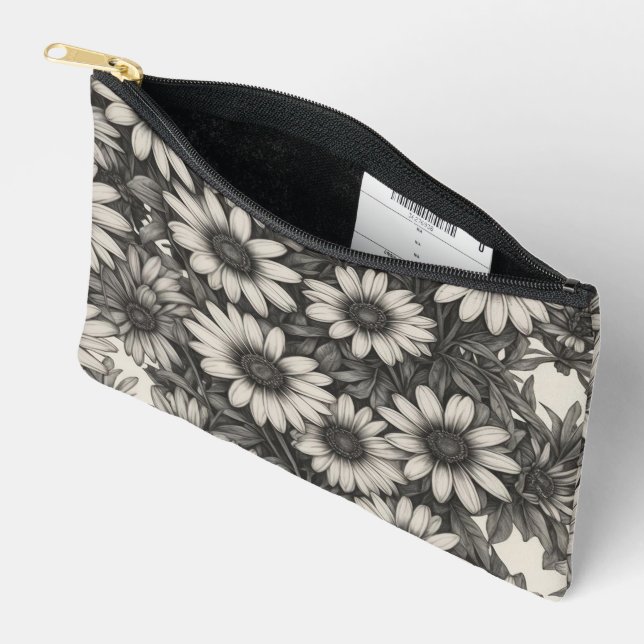 African Daisy grayscale drawing  Accessory Pouch (Open)