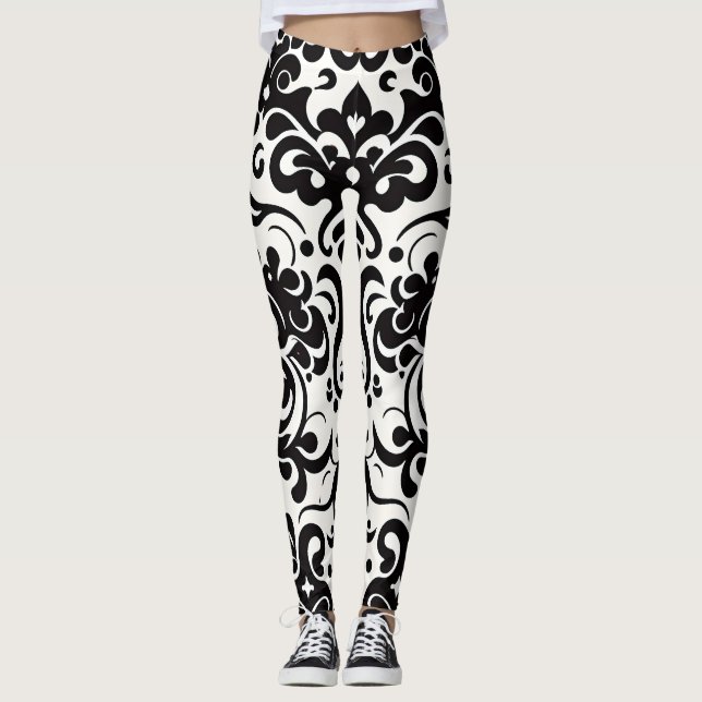African Damask Black White Pattern Leggings (Front)