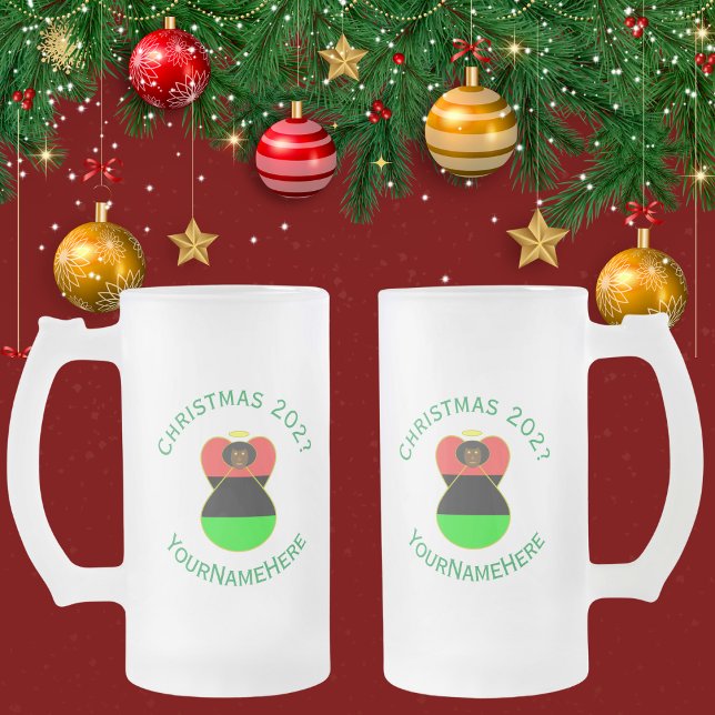 African Diaspora Angel Christmas Flag Personalised Frosted Glass Beer Mug (Creator Uploaded)