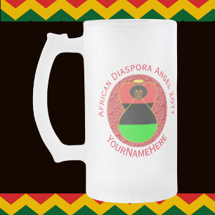 African Diaspora Angel Personalised Red Text Frosted Glass Beer Mug