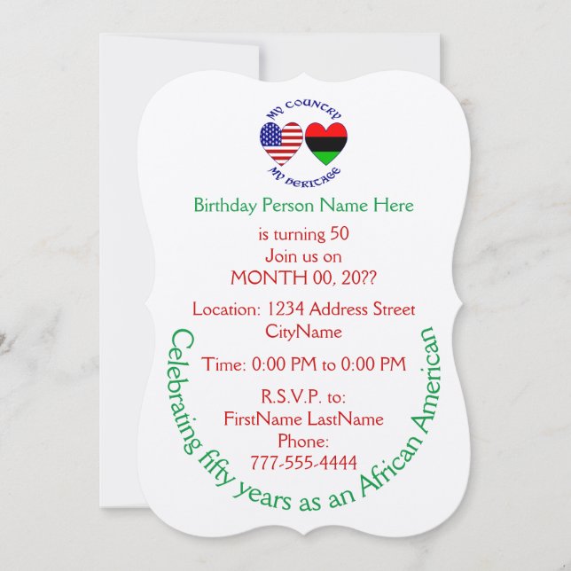 African Diaspora USA Flag Heart Country Heritage  Invitation (Front)