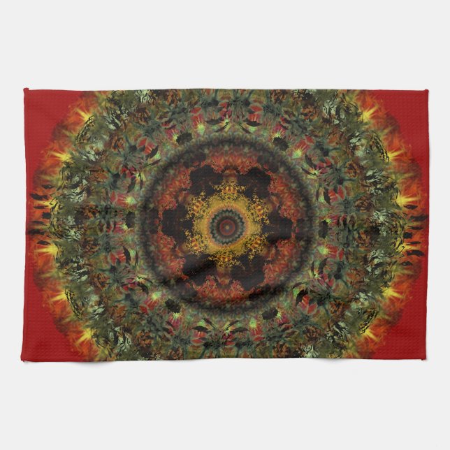 African Dusk Mandala Kitchen Tea towel (red) (Horizontal)