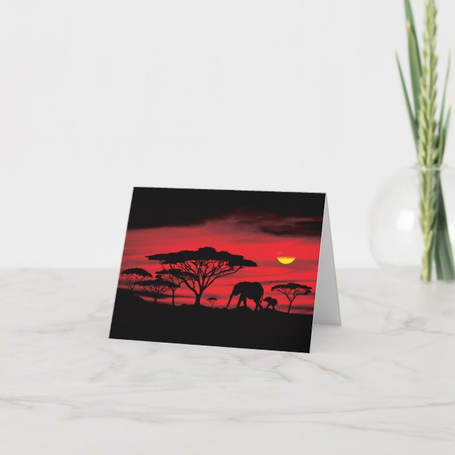 African Elephant and Red Serengeti Sunset Thank You Card (Front)