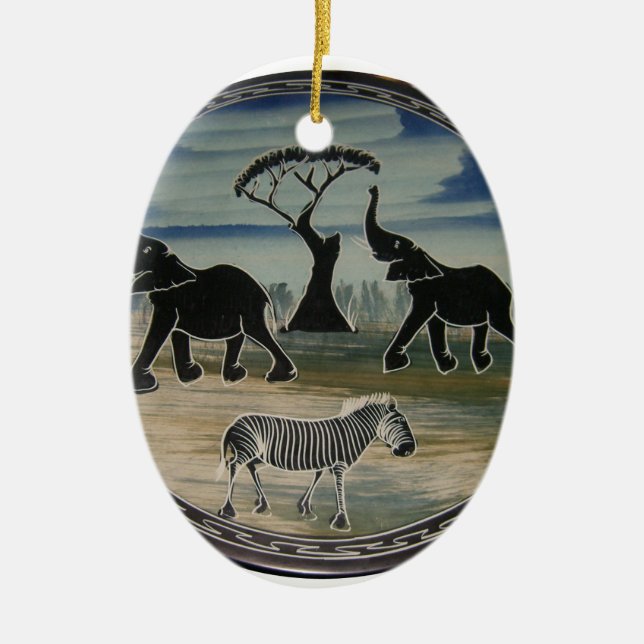 African Elephant Art Print Ceramic Tree Decoration (Front)