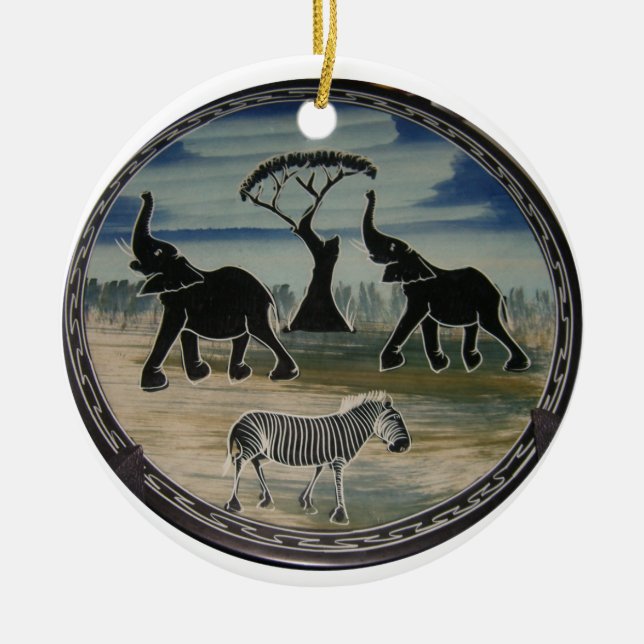 African Elephant Art Print Ceramic Tree Decoration (Front)