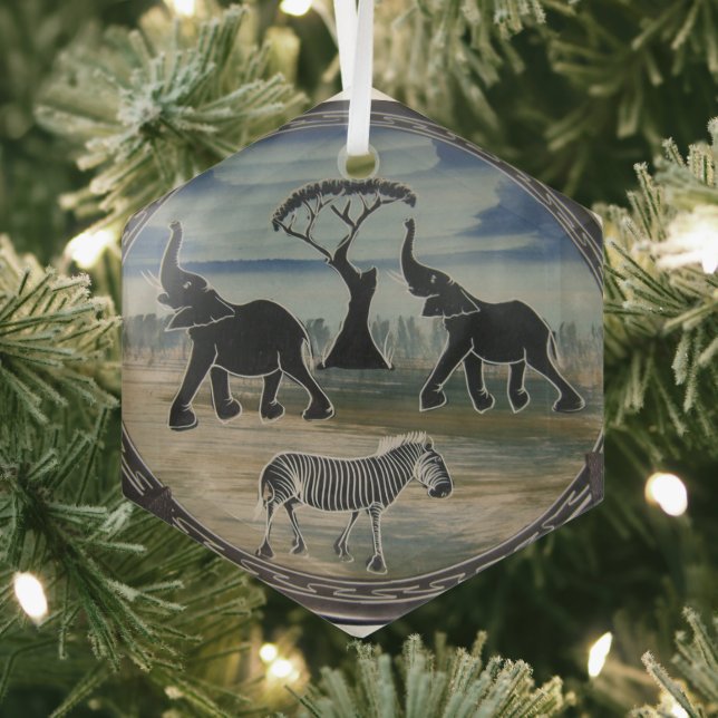 African Elephant Art Print Glass Tree Decoration (Insitu)
