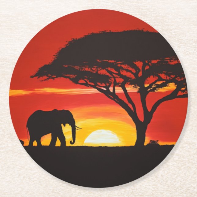 African Elephant at Sunset Round Paper Coaster (Front)
