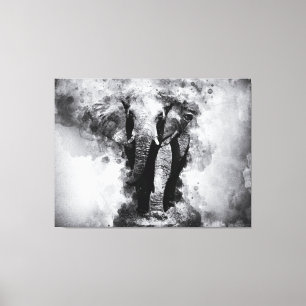 African Elephant Black and White Watercolor Canvas Print