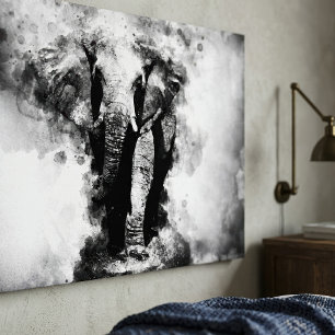 African Elephant Black and White Watercolor Canvas Print