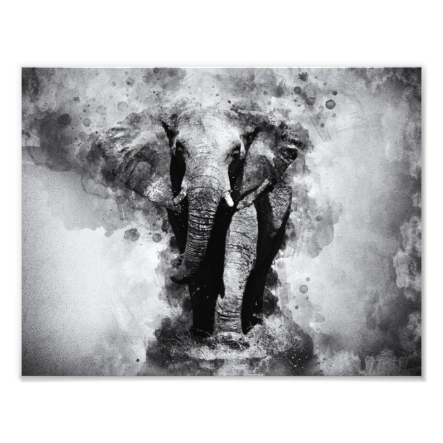African Elephant Black and White Watercolor Photo Print (Front)