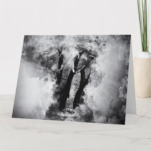 African Elephant Black and White Watercolor Thank You Card (Front)