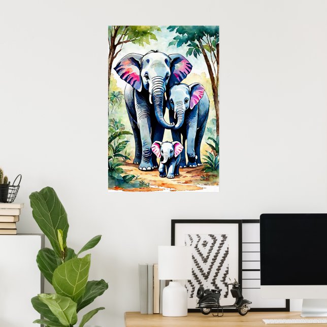 African Elephant Family Art, Colourful Wildlife Poster (Home Office)