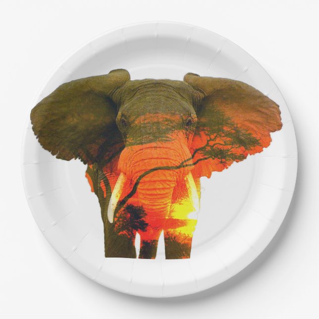 African Elephant in the Serengeti Sunset Paper Plate (Front)