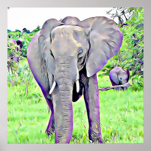 African Elephant Mama and Baby Painted Artwork Poster