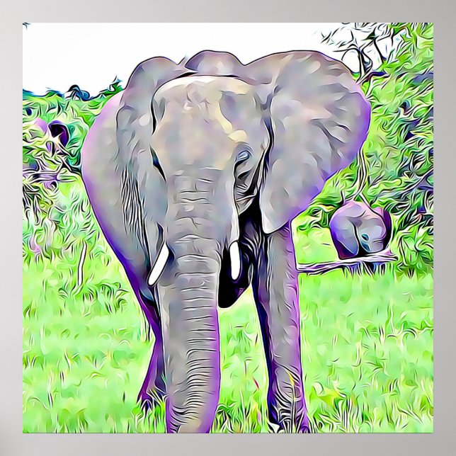 African Elephant Mama and Baby Painted Artwork Poster (Front)