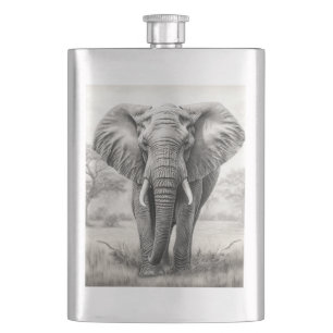 African Elephant Pencil Drawing Hip Flask