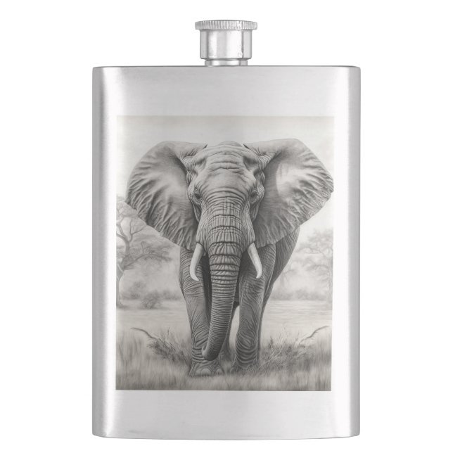 African Elephant Pencil Drawing Hip Flask (Front)