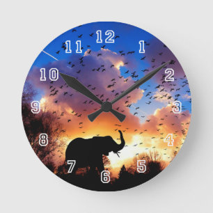 African Elephant Silhouette at Sunset Clock