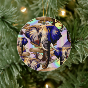 African Elephant Surreal Portrait Ceramic Tree Decoration