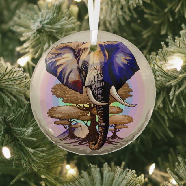 African Elephant Surreal Portrait  Glass Tree Decoration (Insitu)