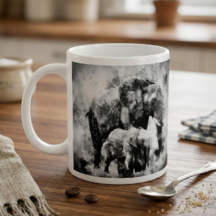 African Elephant with Calf Black and White Coffee Mug