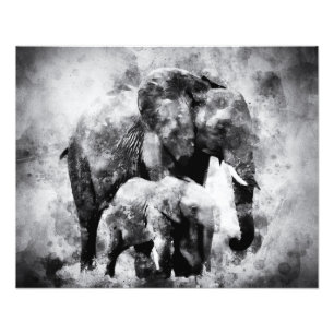African Elephant with Calf Black and White Photo Print